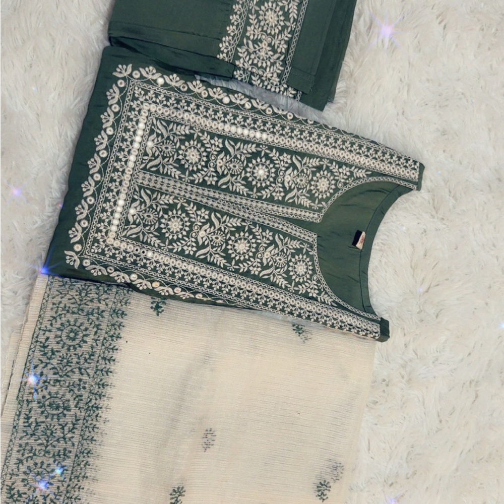 Elegant Green and Cream Embroidered Dress Set